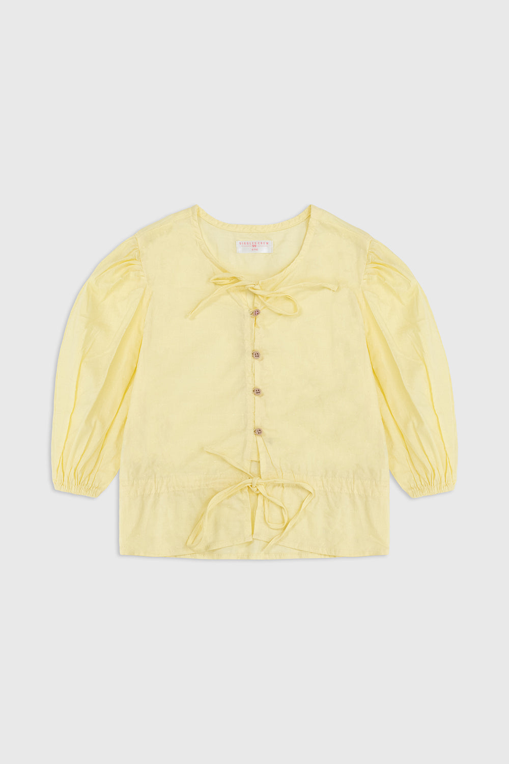 yellow puff-sleeve tie-neck shirt