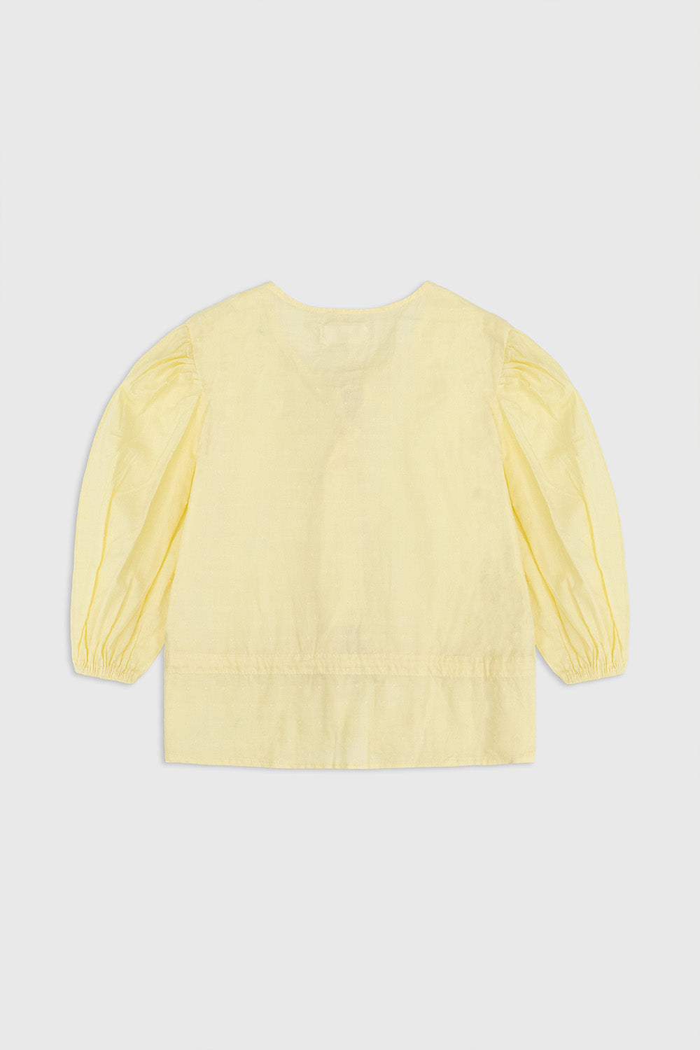 yellow puff-sleeve tie-neck shirt