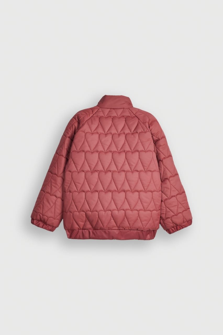 Adorable Deep Red Quilted Jacket Featuring a Full Heart Design