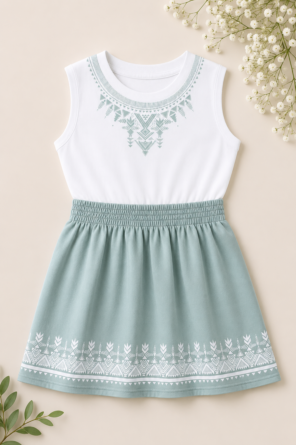 Girls Mint Mist Tribal Print Girls' Frock