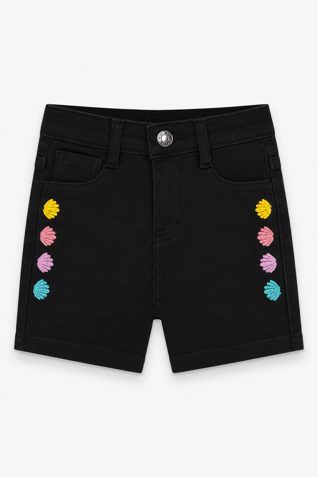Girls Black Pop Shell Embroidered Denim Shorts - Giggles Crew