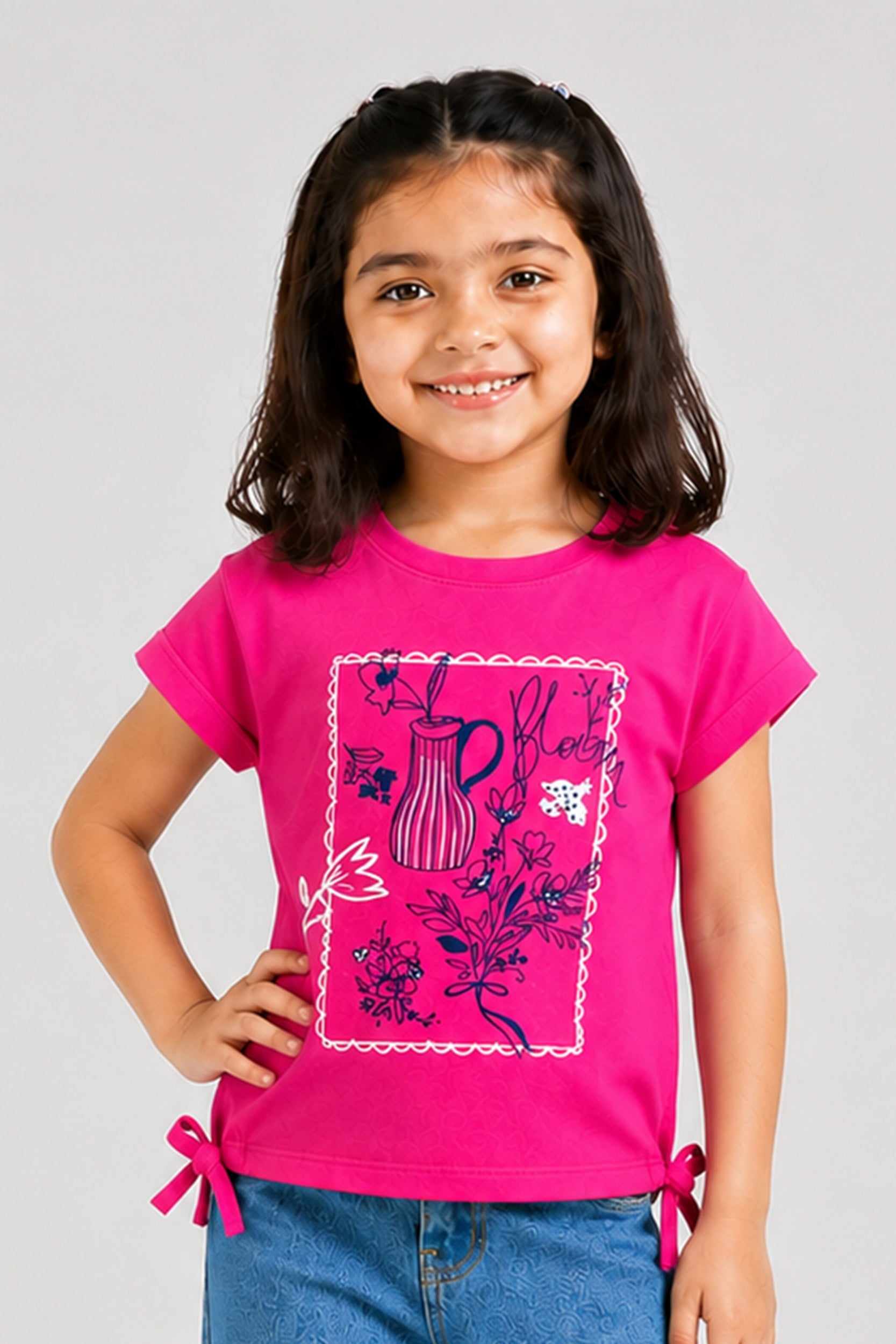 Girls Bloom Tie-Hem Girls T-Shirt – Hot Pink - Giggles Crew