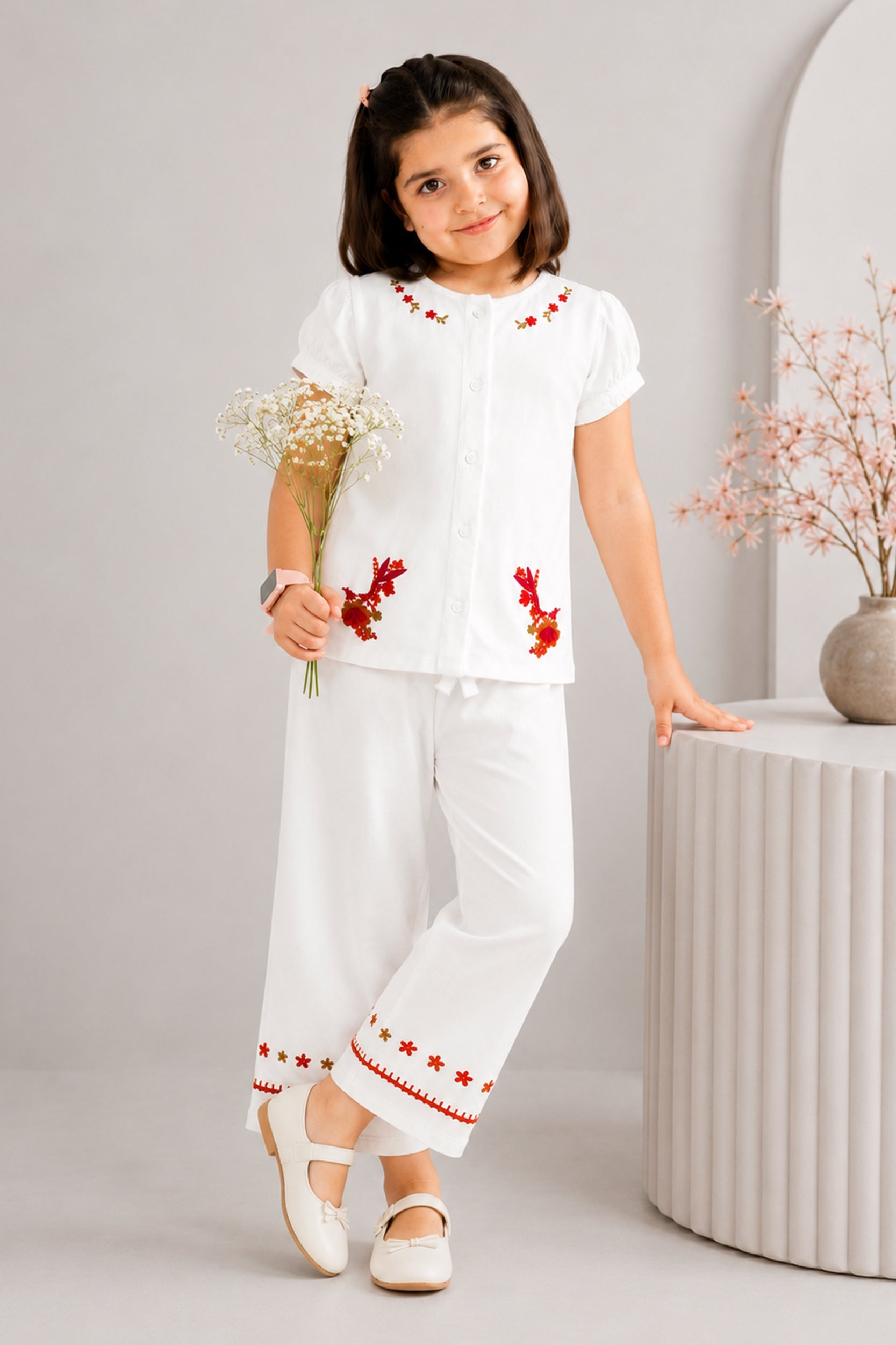 Girl's Blossom Charm White Co-ord Set - Giggles Crew